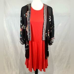 Black floral kimono wrap top and orange sleeveless dress size M/L